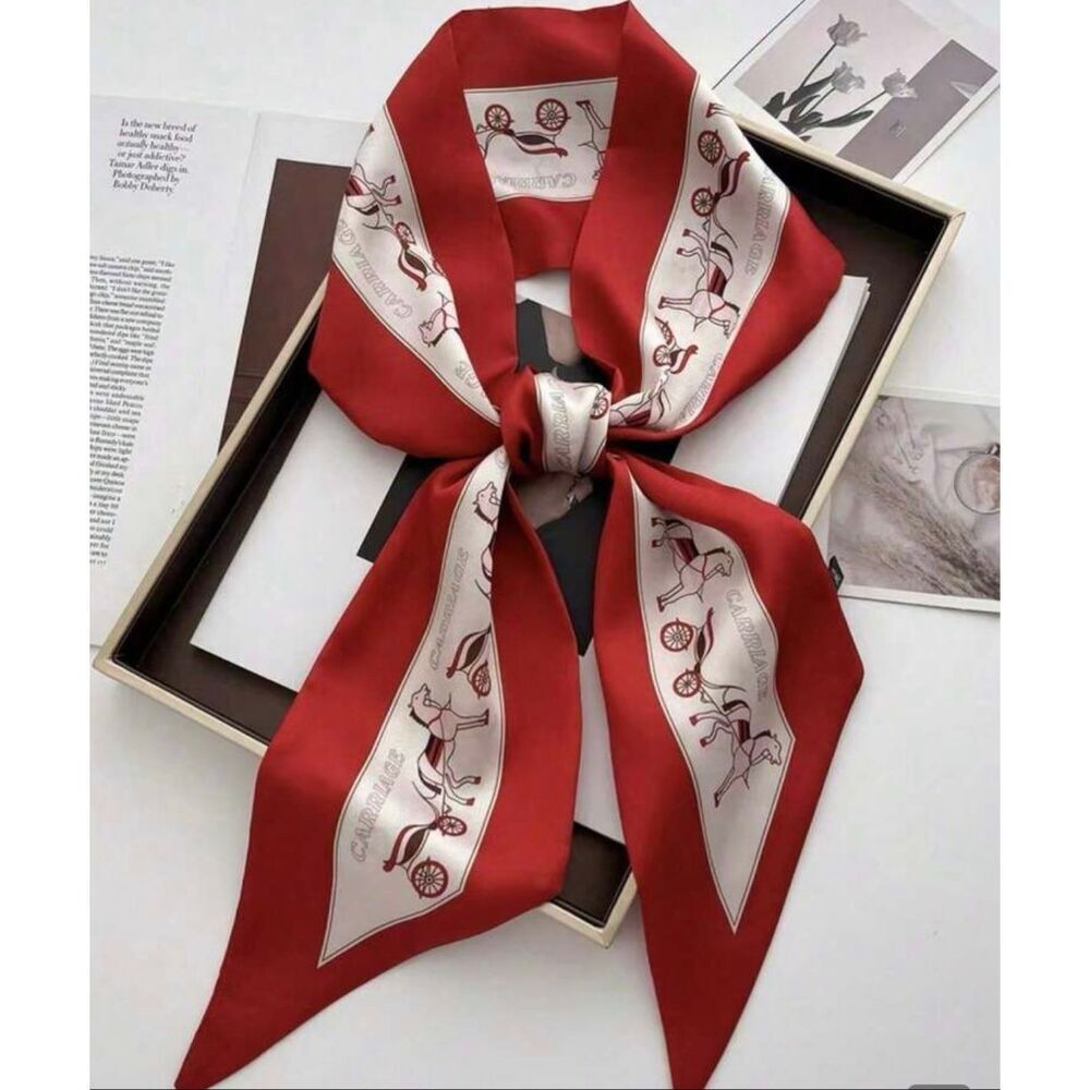 Horse and Carriage Red Cream Buggy Thin Scarf Head Scarf Purse Scarf Satin
